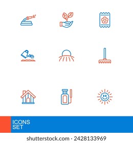 Set line Sun, Garden sprayer for water, Farm house, rake, Watering can, Sunrise, Pack full of seeds and Leaf hand icon. Vector