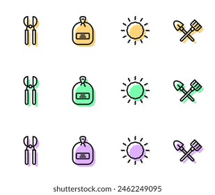 Set line Sun, Gardening scissors, Pack full of seeds and Shovel and rake icon. Vector