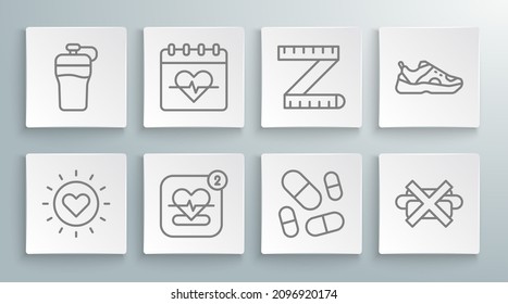 Set Line Sun, Heart Rate, Mobile With Heart, Vitamin Pill, No Junk Food, Tape Measure, Sport Sneakers And Fitness Shaker Icon. Vector