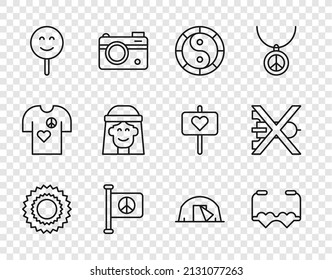 Set line Sun, Heart shaped love glasses, Yin Yang symbol, Flag peace, Smile face, Hippie girl, Tourist tent and No war icon. Vector