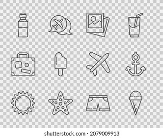 Set line Sun, Ice cream in waffle cone, Photo, Starfish, Bottle of water, Swimming trunks and Anchor icon. Vector