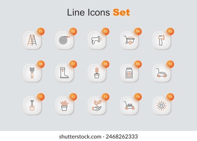 Set line Sol, Cortadora de césped, Hoja en mano, Maceta vegetal, Pala, Pack lleno de semillas e icono de flor. Vector