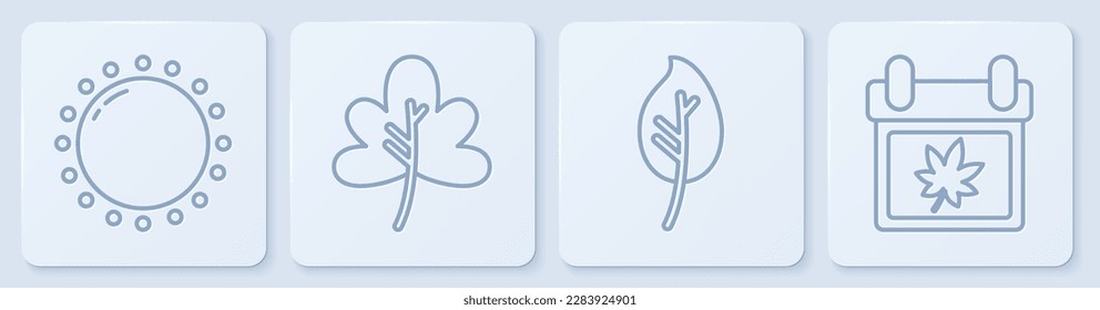Set line Sun, Leaf or leaves, Leaf or leaves and Calendar with autumn leaves. White square button. Vector
