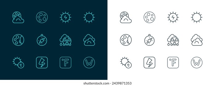 Set line Sun, Lightning bolt, Acid rain radioactive cloud, Fahrenheit, Compass, Solar energy panel, Cloud with moon and Moon icon. Vector