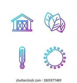 Set line Sun, Meteorology thermometer, Farm house and Leaf or leaves. Gradient color icons. Vector