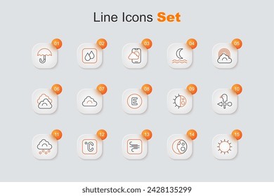 Sol, Fases lunares, Viento, Celsius, Nube de granizo, Veleta meteorológica Rooster, Ciclo nocturno de día e Icono de brújula oeste. Vector
