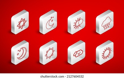 Set line Sun, Moon and stars, Eclipse of the sun, Cloud with rain, and icon. Vector