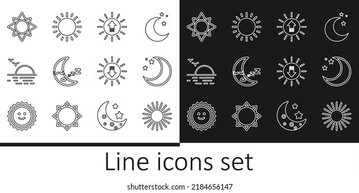 Set line Sun, Moon and stars, Sunset, icon,  and  icon. Vector