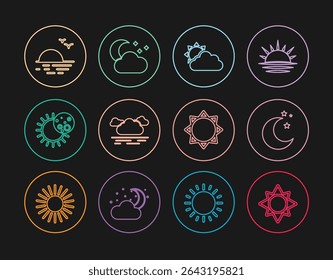 Set line Sun, Moon and stars, cloud weather, Cloud, Eclipse of sun, Sunset,  and with moon icon. Vector