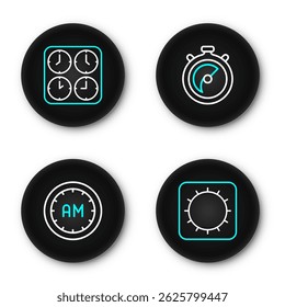 Set line Sun, Morning time, Stopwatch and Time zone clocks icon. Vector