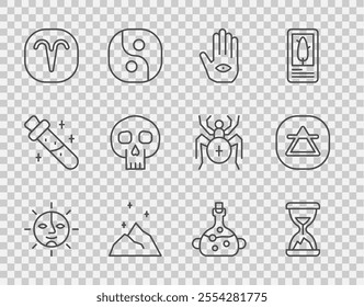 Set line Sun, Old hourglass with sand, Hamsa hand, Magic powder, Aries zodiac, Skull, Poison in bottle and Air element icon. Vector