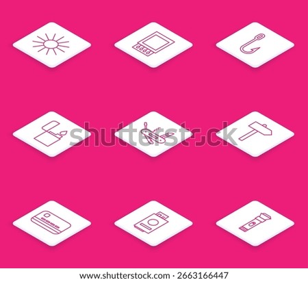 Set line Sun, Open matchbox and matches, Fishing hook, Lighter, Swiss army knife, Road traffic signpost, Credit card and Passport with ticket icon. Vector