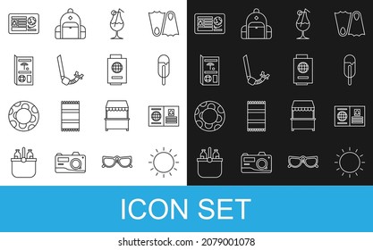 Fija la línea Sun, Passport, helado, cóctel y bebida alcohólica, Snorkel, folleto de viaje, con sello de visado e icono de boleto. Vector