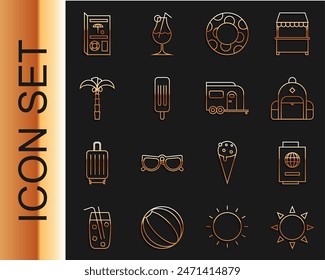 Set line Sun, Passport with ticket, Hiking backpack, Rubber swimming ring, Ice cream, Tropical palm tree, Travel brochure and Rv Camping trailer icon. Vector