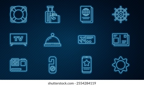 Set line Sun, Passport with visa stamp, Hotel service bell, Smart Tv, Lifebuoy, Airline ticket and Suitcase icon. Vector