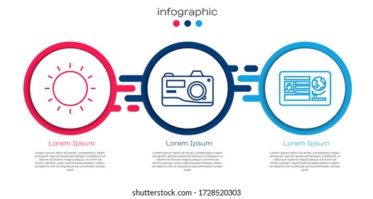 Set line Sun, Photo camera and Passport with visa stamp. Business infographic template. Vector