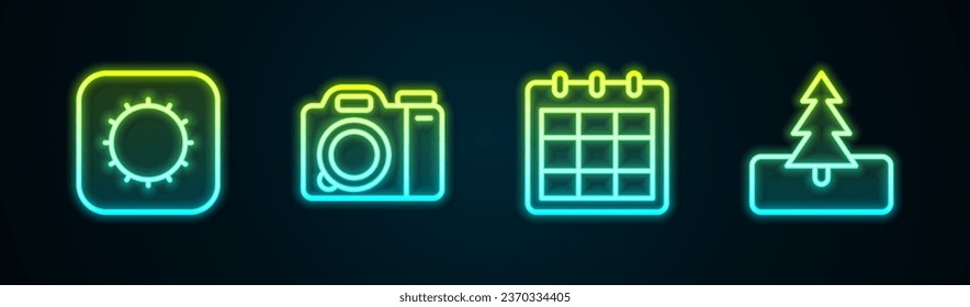 Legen Sie die Linie Sonne, Fotokamera, Kalender und Baum fest. Leuchtendes Neonsymbol. Vektorgrafik