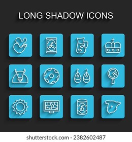 Set line Sun, Picture art, Spanish wineskin, Olives can, Map of Spain, Football ball, Omelette frying and Earrings icon. Vector