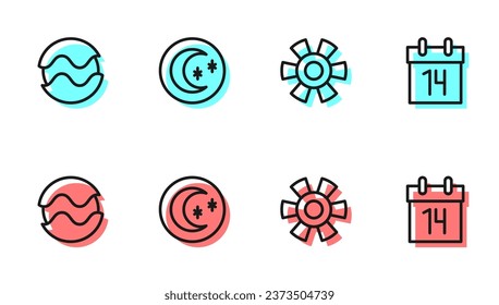 Legen Sie die Zeile Sonne, Planet, Mond und Sterne und Kalender Symbol. Vektorgrafik