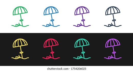 Fijar la línea Paraguas protectores Sun para el icono de la playa aislado sobre fondo blanco y negro. Hay una gran sombrilla para el espacio exterior. Paraguas de playa. Ilustración vectorial