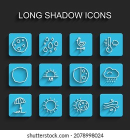 Set line Sun protective umbrella for beach, Moon, Eclipse of the sun, Wind, Sunrise, Cloud with rain and  icon. Vector