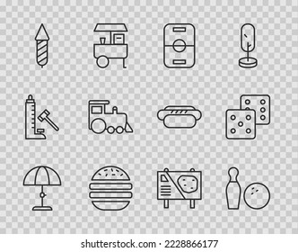 Set line Sun protective umbrella, Bowling pin and ball, Hockey table, Burger, Firework rocket, Toy train, Amusement park billboard and Game dice icon. Vector