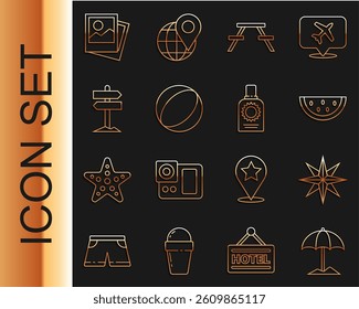 Set line Sun protective umbrella for beach, Wind rose, Watermelon, Picnic table with benches, Beach ball, Road traffic signpost, Photo and Sunscreen spray bottle icon. Vector