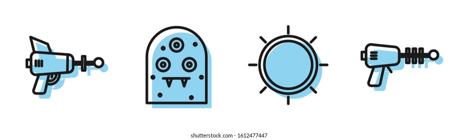 Set line Sun, Ray gun, Alien and Ray gun icon. Vector