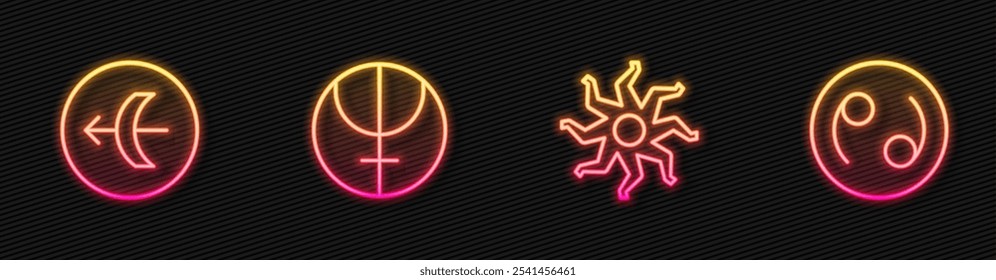 Set line Sun, Sagittarius zodiac, Neptune planet and Cancer. Glowing neon icon. Vector