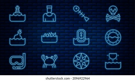 Set line Sun, Ship porthole, Dead fish, Sharp stone reefs, Bottle with message in water, Floating buoy, Location anchor and Sailor captain icon. Vector