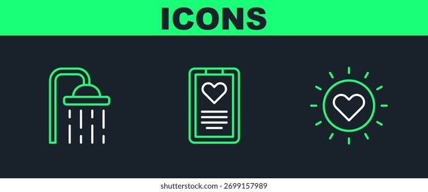 Set line Sun, Shower head and Medical clipboard icon. Vector