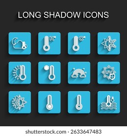 Set line Sun and snowflake, Meteorology thermometer, Thermometer cloud, moon, Water, UV protection and Rainbow with clouds icon. Vector