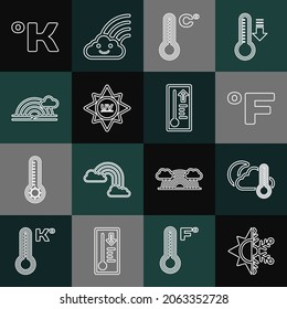 Die Linie Sonne und Schneeflocken, Thermometer-Wolke, Mond, Fahrenheit, Meteorologie-Thermometer, UV-Schutz, Regenbogen mit, Kelvin und Icon. Vektorgrafik