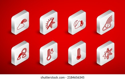 Set line Sun and snowflake, Thermometer cloud, moon, Rainbow with, Meteorology thermometer,  and clouds sun icon. Vector