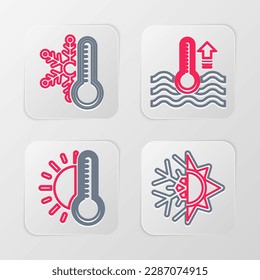Set line Sun and snowflake, Thermometer with sun, Water thermometer and  icon. Vector