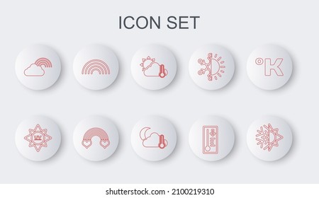 Set line Sun and snowflake, UV protection, Thermometer cloud, sun, Meteorology thermometer, Rainbow with, heart and moon icon. Vector