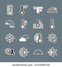 Set line Sonne und Schneeflocke, UV-Schutz, Meteorologie Thermometer, Fahrenheit, Regenbogen mit Wolken und Wasser-Symbol. Vektorgrafik
