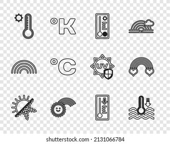 Set line Sun and snowflake, Water thermometer, Meteorology, Rainbow with sun, Celsius, and heart icon. Vector
