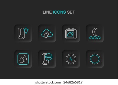 Set line Sun, Solar energy panel, Thermometer, Water drop, Night fog or smoke, Weather forecast, Cloud with rain and  icon. Vector