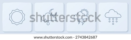Set line Sun, Storm, Cloud with rain and moon and . White square button. Vector