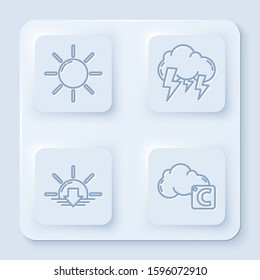 Set line Sun, Storm, Sunset and Celsius and cloud. White square button. Vector