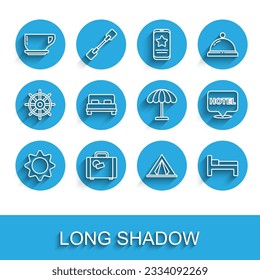Set line Sun, Suitcase, Coffee cup, Tourist tent, Bed, Big bed, Location hotel and protective umbrella for beach icon. Vector