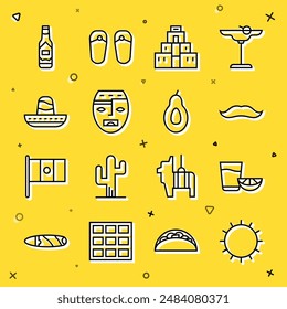 Set line Sun, Tequila glass with lemon, Mustache, Chichen Itza in Mayan, Aztec mask, Mexican sombrero, Tabasco sauce and Avocado icon. Vector