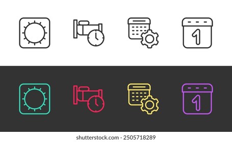 Fije la línea Sol, Hora de dormir, Configuraciones del calendario y en blanco y negro. Vector