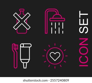 Set line Sun, Toothbrush and toothpaste, Shower head and No alcohol icon. Vector