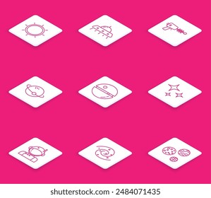 Set line Sun, UFO flying spaceship, Ray gun, Planet, Death star, Falling, Astronaut and Black hole icon. Vector