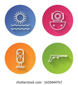 Set line Sun and waves, Aqualung, Gauge scale and Fishing harpoon. Color circle button. Vector