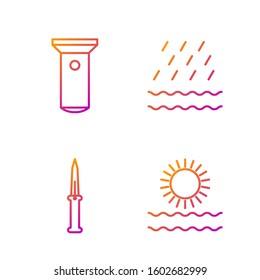 Set line Sun and waves, Army knife, Flashlight and Rain and waves. Gradient color icons. Vector