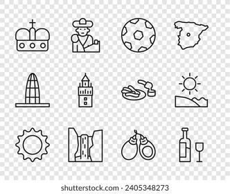 Fija línea Sol, botella de vino con vidrio, Fútbol, cascada Algar, Corona de españa, Giralda, Castanets e icono de playa. Vector