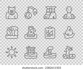 Set line Sun, Withered tree, Nuclear power plant, House flood, Polar bear head, Petrol or gas station, Tsunami and Glacier melting icon. Vector
